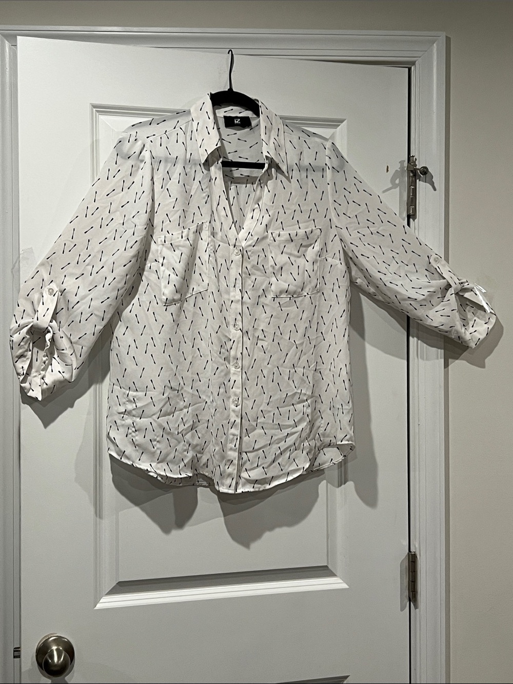 White Printed Button-Up Blouse with Navy Dash Pattern